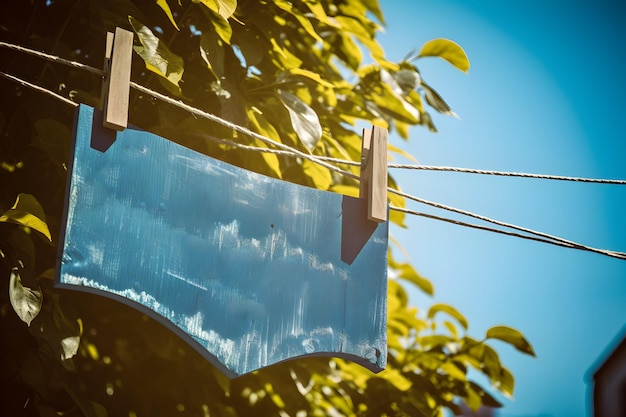 Ein blaues Schild, das an einer Wäscheleine hängt, mit dem Himmel im Hintergrund