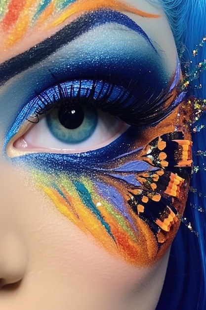 Ein blaues Schmetterlings-Augen-Make-up mit einem Schmetterling an der Seite