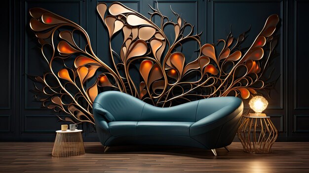 ein blaues Sofa mit einem Baum-Design auf der Rückseite.