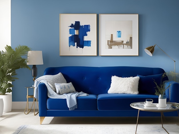 Ein blaues Sofa mit einem blauen Sofa und gerahmten Kunstwerken.