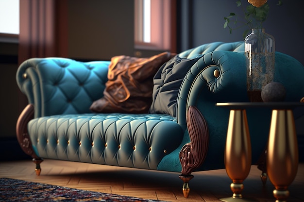 Ein blaues Sofa mit goldenem Sockel steht in einem Wohnzimmer.