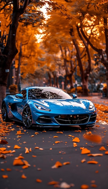 ein blaues Sportwagen ist mit Blättern auf dem Boden auf der Straße geparkt