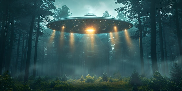Foto ein blaues ufo in einem dunklen wald mit einem lichtstrahl darauf ufo, das nachts im dunklen wald fliegt ufo in