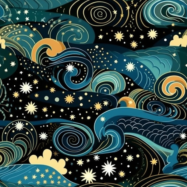 Ein blaues und gelbes Muster mit generativen Sternen und Wolken