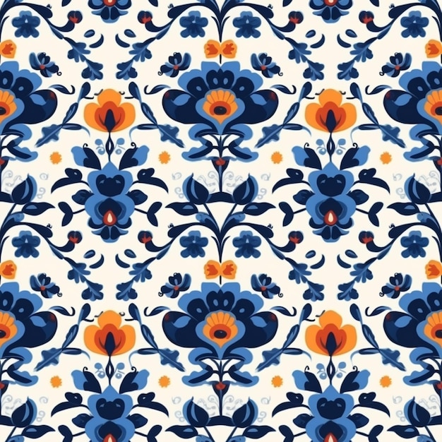 Ein blaues und orangefarbenes Blumenmuster auf einem weißen Hintergrund