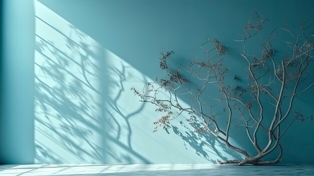 Ein blaues Zimmer mit einem Baum in der Ecke.