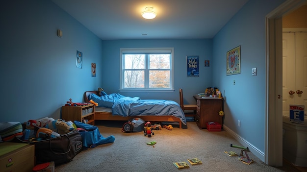Foto ein blaues zimmer mit einem bett, einem plakat an der wand und einem bild eines kindesbettes