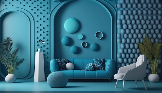 Ein blaues Zimmer mit einem Sofa und einem weißen Stuhl