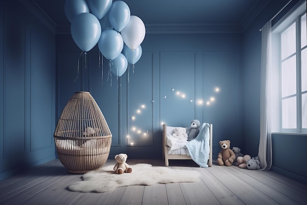 Ein blaues Zimmer mit einem Stuhl und einem Ballon mit der Aufschrift "Teddybären".