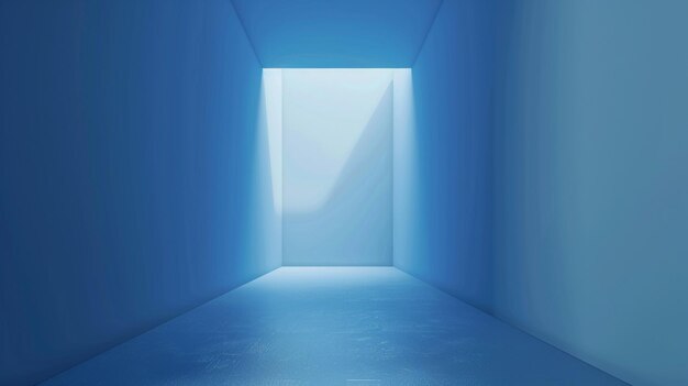 ein blaues Zimmer mit einer Tür, die ein Fenster hat, das sagt, dass das Licht scheint