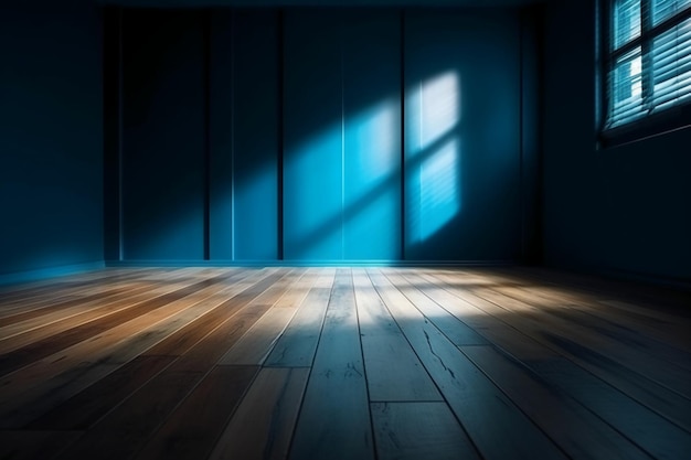 Ein blaues Zimmer mit Holzboden und einer blauen Wand mit der Aufschrift „Blaues Zimmer“