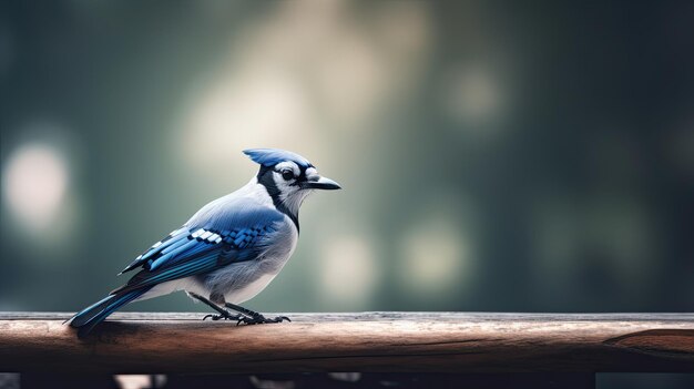 Ein Blauhäher sitzt auf einem Holzgeländer.