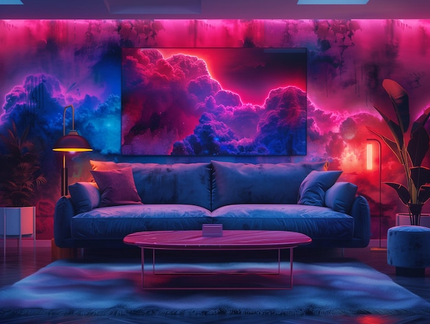 ein blaupinkes Neonlichtgemälde eines Sofas und eines Tisches mit einer roten Lampe