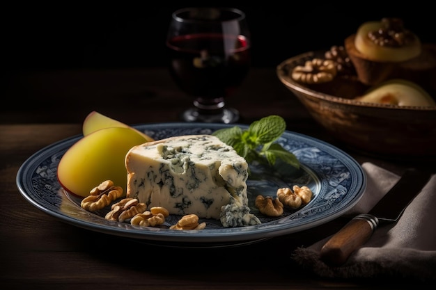 Ein Blauschimmelkäse mit Birnen und Walnüssen auf einem Teller