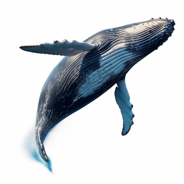 Ein Blauwal fliegt durch die Luft.
