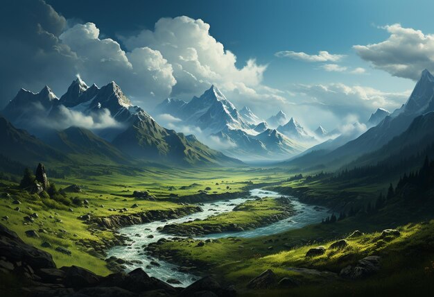 ein blick auf berge mit wolken am himmel und fluss in der mitte des feldes im stil von max rive atmosphärische und stimmungsvolle landschaften