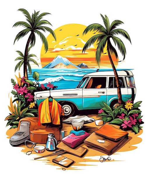 Ein Blick auf das farbenfrohe Vintage-Retro-Strandillustrationsdesign