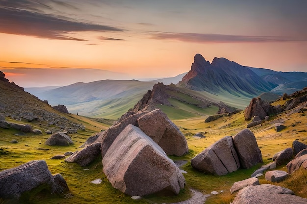 Ein Blick auf das Tal bei Sonnenuntergang