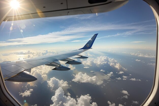 Ein Blick auf den Flügel eines Flugzeugs durch ein Fenster