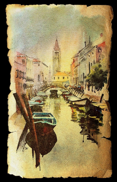 Ein Blick auf den Kanal mit Booten und Gebäuden in Venedig, gemalt mit Aquarell auf altem Papier