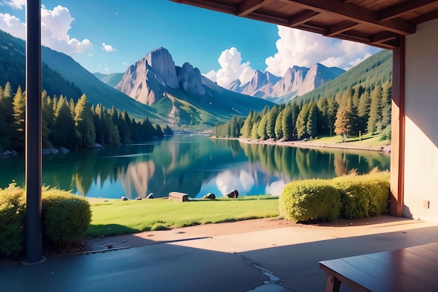 Ein Blick auf den See von einer Hütte mit Bergen im Hintergrund.