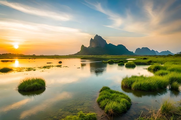 Ein Blick auf den Sonnenuntergang einer felsigen Landschaft mit einem großen Felsen im Hintergrund.