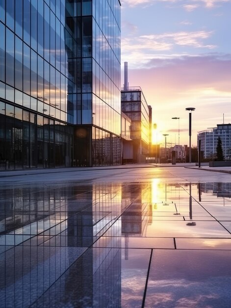 Ein Blick auf den Sonnenuntergang in einem Bürogebäude aus Glas