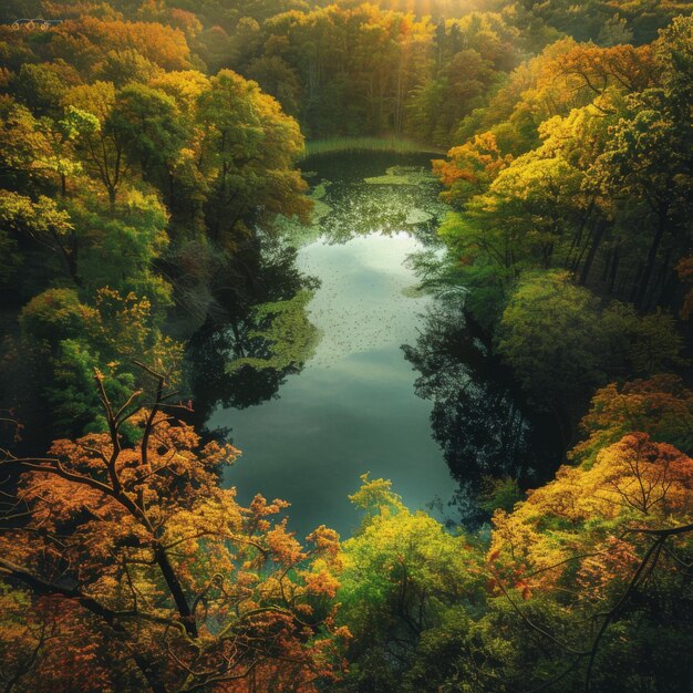 Ein Blick auf den Teich im wunderschönen Wald von oben