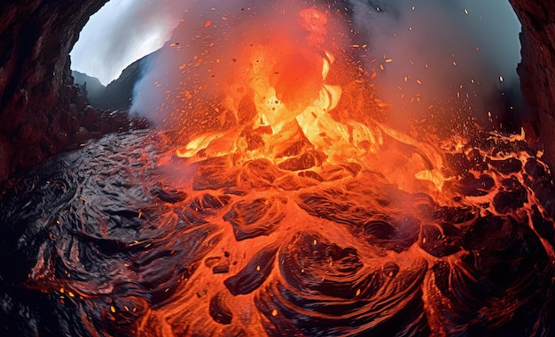 ein Blick auf den Vulkanausbruch mit dem Lavastrom im Stil surrealer Illusionen