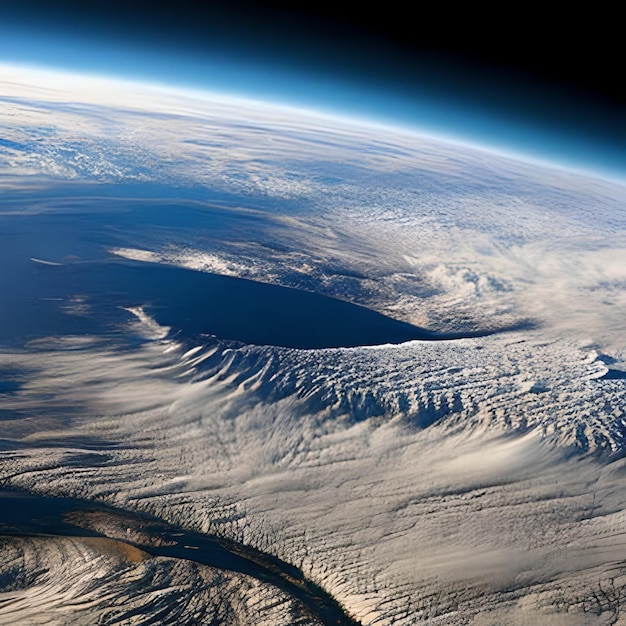 Foto ein blick auf die erde aus dem weltraum, der eine bergkette und den ozean zeigt.