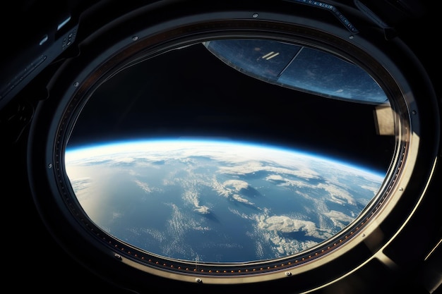 Ein Blick auf die Erde aus einem Fenster einer Raumstation.