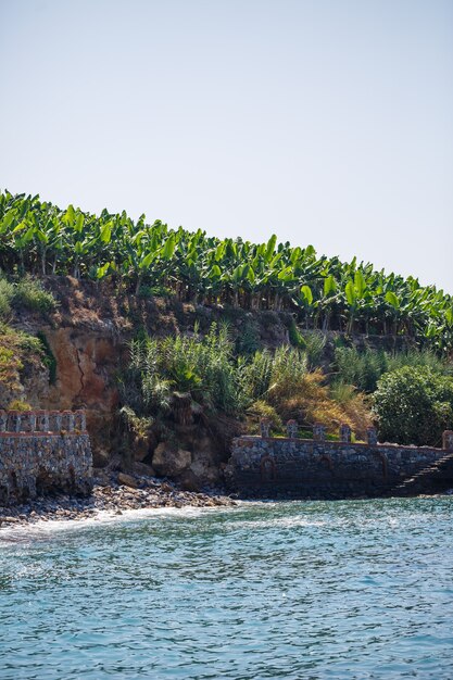 Foto ein blick auf die mittelmeerküste mit wellen aus azurblauem wasser. sommer seelandschaft. bei sonnigem wetter am meer. wunderschöner meerblick