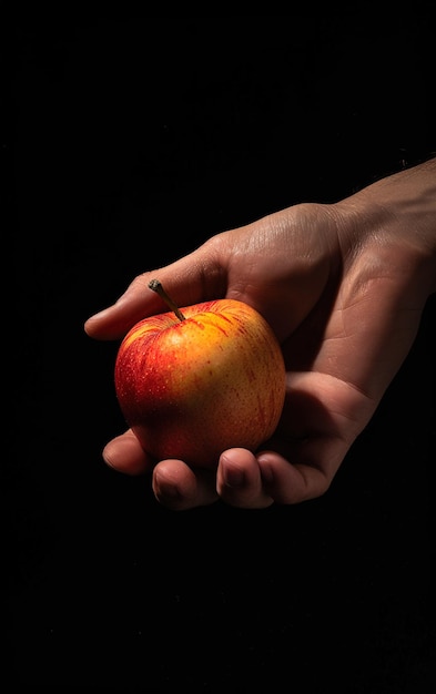 Ein Blick auf die Schönheit der Natur eine Hand, die zärtlich einen üppigen reifen Apfel mit frischen Blättern auf einem dunklen mysteriösen Hintergrund hält