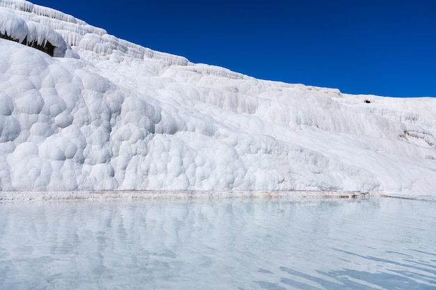 Ein Blick auf die Travertine Pamukale Türkei Blaues Wasser in den Terrassen Ein beliebter Ort für den Tourismus Weiße Felsen und Wasser