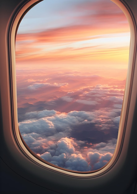 Ein Blick auf die Wolken aus einem Flugzeugfenster. Fensterblick aus einem Flugzeugfenster