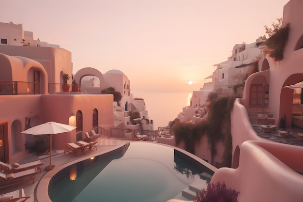 Ein Blick auf ein Hotel mit Pool und einen Sonnenuntergang auf Santorini