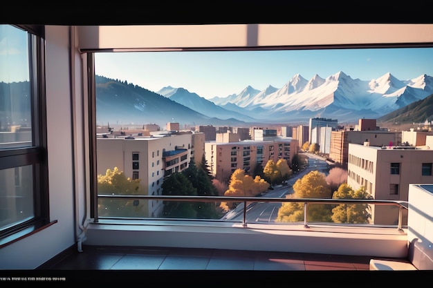 Ein Blick auf eine Stadt aus dem Fenster eines Gebäudes mit Bergen im Hintergrund.