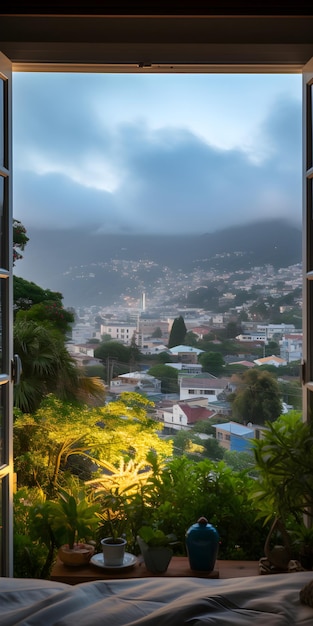 Ein Blick auf eine Stadt aus einem Fenster. Fensterblick aus einem offenen Fenster