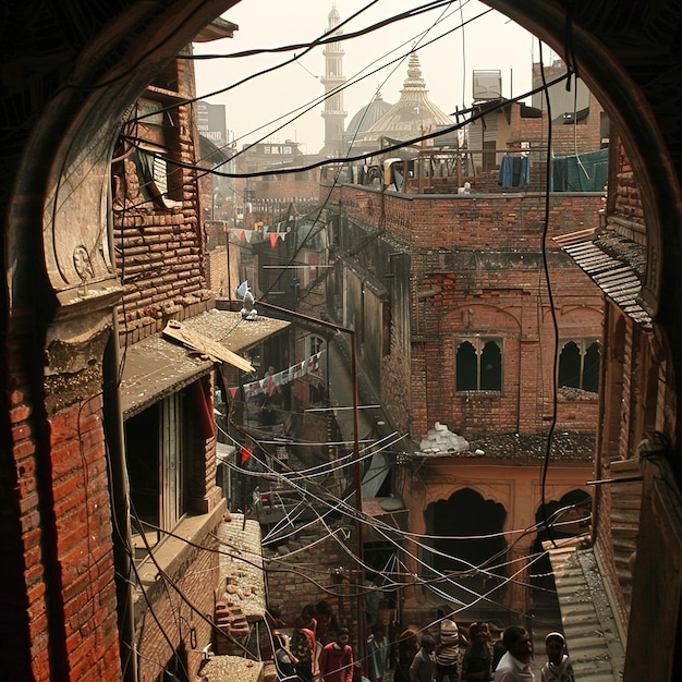 ein Blick auf eine Stadt aus einem Fenster mit einer Reihe von Menschen, die herumlaufen