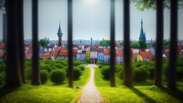 Ein Blick auf eine Stadt aus einem Fenster mit grünem Rasen und blauem Himmel.