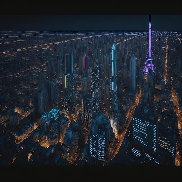ein Blick auf eine Stadt bei Nacht mit einem sehr hohen Gebäude