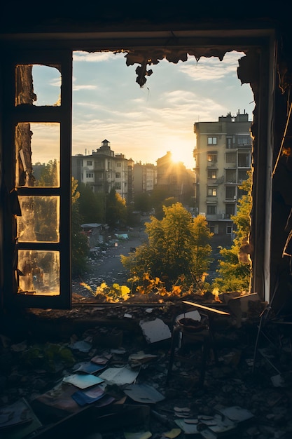 ein Blick auf eine Stadt durch ein zerbrochenes Fenster Fensterblick aus dem Schulfenster