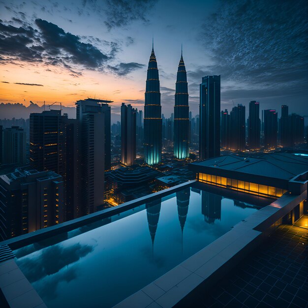 Ein Blick auf eine Stadt mit einem Pool mit einem Gebäude im Hintergrund.