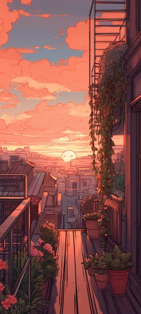 Ein Blick auf eine Stadt von einem Balkon mit einem Sonnenuntergang im Hintergrund.