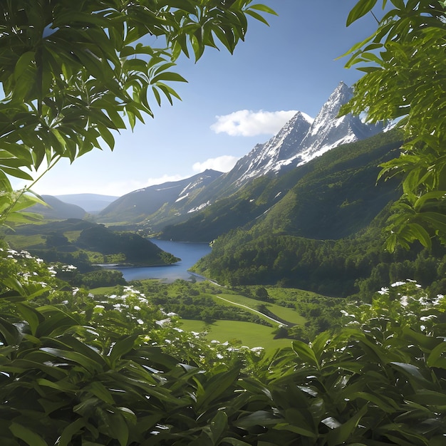 Ein Blick auf einen Berg und einen See durch ein Fenster.