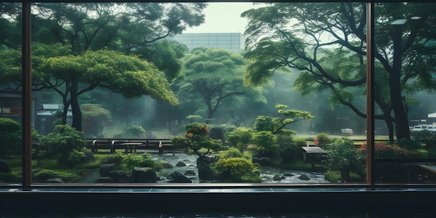 ein Blick auf einen Park durch ein Fenster Fensterblick aus dem Schulfenster