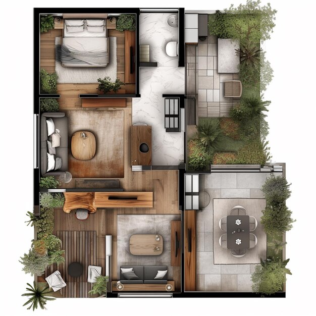ein Blick auf einen Plan eines Schlafzimmers und eines Badezimmers mit einem Balkon generative ai