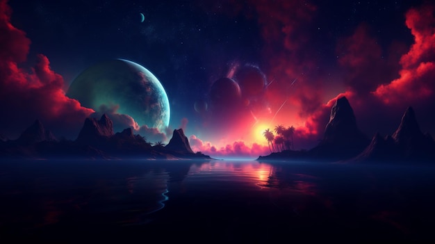 Ein Blick auf einen Planeten mit einem roten Himmel und einer Gebirgskette