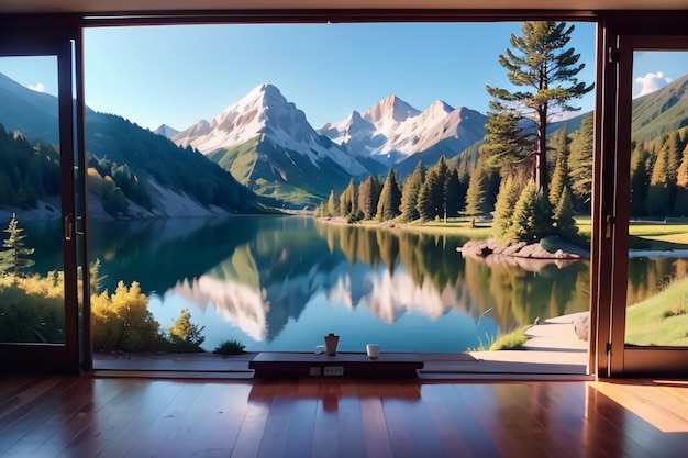 Ein Blick auf einen See aus einem Zimmer mit Blick auf eine Bergkette.