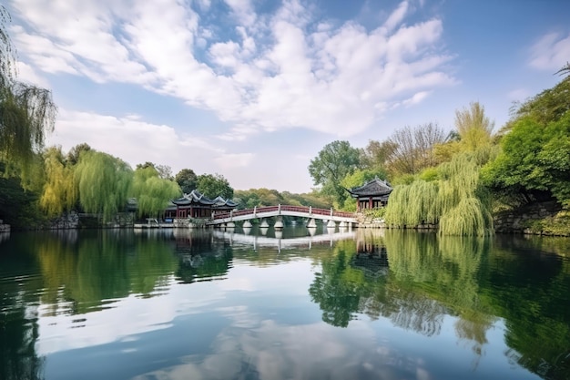 Ein Blick auf einen See mit einer Brücke und Bäumen im Hintergrund